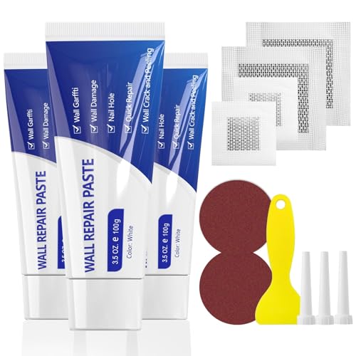 SEISSO Drywall Repair Kit, Wall Mending Agent*3(100g), Wall Patch*4, Scraper and Sandpaper*2, Wall Repair Paste Kit for Wall Cracks, Graffiti, Whitewall Hole Filler and Plaster Dent Repair - style: 3pcs wall paste