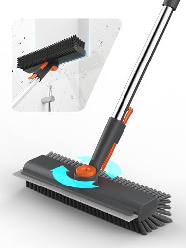 Floor Scrub Brush with Long Handle & Squeegee, 3 in 1 Floor Scrubber - color: Gray
