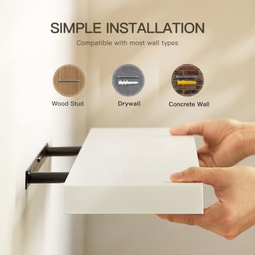 AMADA HOMEFURNISHING Floating Shelves Wall Mounted, 32 x 7 Inch Wall Shelves for Bathroom, Bedroom, Living Room, White Shelves Set of 2 | Wall Shelves with Hidden Bracket, Solid MDF Wood, 22 lbs Max Load per Shelf, Easy to Assemble, Multi-Wall Compatible
