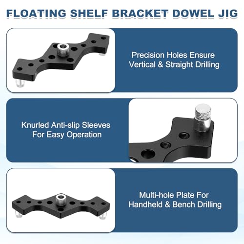 HARFINGTON Floating Shelf Bracket Dowel Jig Kit, Aluminum Alloy Self Centering Straight Punching Hole Drill Guide, DIY Woodworking Tool Doweling Jig for Shelves Cabinet Furniture, Black - color: Black