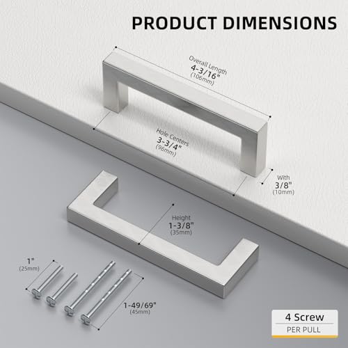 Goldenwarm Brushed Nickel Cabinet Pulls 20 Pack 3-3/4 Inch, Square Drawer Handles, Stainless Steel, Screws Included, Silver Kitchen Hardware for Cupboard Closet Furniture Upgrade - size: 3-3/4In(96MM) Hole Centers