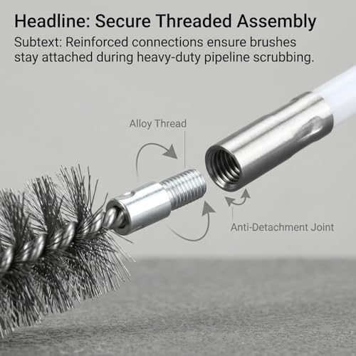 QWORK 50" Pipe Cleaning Brush Set with Stainless Steel Bristles and 4 Flexible Rods, Wire Tube Brush Kit for Auto Parts Bottles Valves Pipes Lab Equipment, 4 Brush Heads 3/5" 1" 1-3/5" 2"
