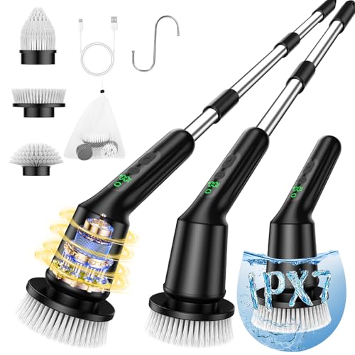 Electric Spin Scrubber for Bathroom, Shower Scrubber with Long Handle - color: Sooty, size: 3 Brush Heads