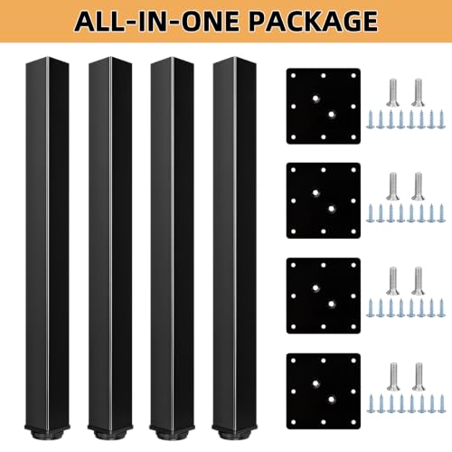QLLY 16 Inch Square Adjustable Metal Coffee Table Legs, Heavy Duty Furniture Legs with 1” Leveling Feet for Ottoman, Bench, End Table and Sofa Replacement, Set of 4 (Black) - color: Black, size: 16 inch