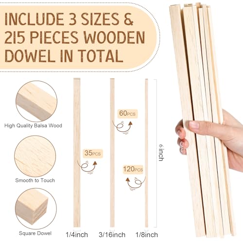 Yulejo 215 Pieces Balsa Wood Sticks Wooden Dowel Rods Square Hardwood Unfinished Wooden Strips for DIY Molding Crafts Projects Making(1/8, 3/16, 1/4 Inch) - size: 1/8, 3/16, 1/4 Inch