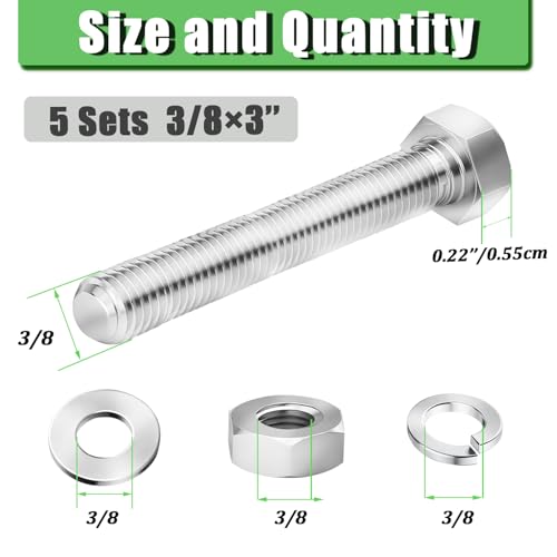 5 Sets 5/16-18 x 3" Stainless Steel Hex Head Screws Bolts, Nuts, Flat & Lock Washers,18-8(304) Full Thread - color: Silver, size: 3/8-16 × 3"（5 Sets）