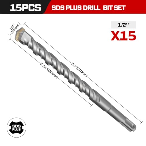 Geinxurn 1/2" x 8" SDS Plus Rotary Hammer Drill Bits, 15PCS Double Thread Masonry Drill Bits Set Carbide Tipped, Drilling in Brick, Stone and Concrete, Cement Walls - size: SDSBIT010208-015