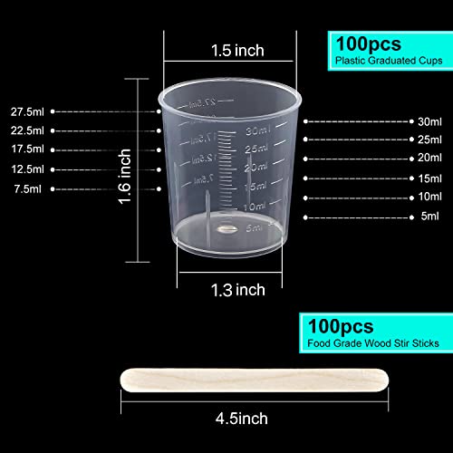 100 Pack 30ml/1oz Transparent Measuring Cups Reusable Clear Plastic Graduated Epoxy Mixing Cups with 100 Pack Wooden Stirring Sticks for Liquids Resin, Epoxy, Stain, Mixing Paint, School Labs - size: 30ml