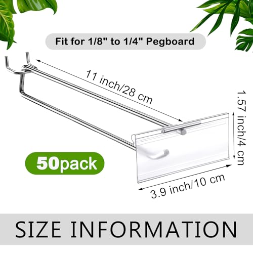 Thyle 50 Pcs Metal Scan Hook with Label Holder for 1/8" to 1/4" Pegboard, Peg Board Hooks with Price Tag, Pegboard Wall Accessories, Metal Hooks for Home Garage Retail Display Supplies (11 Inch) - size: 11 Inch