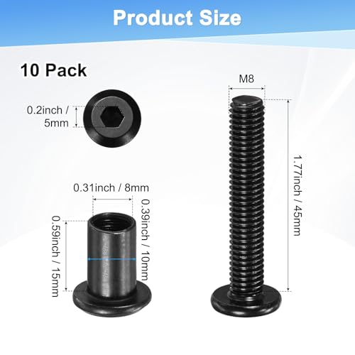 M METERXITY 10-Pack Hex Drive Socket Cap Bolt, M8 x 45mm Carbon Steel Furniture Connector Bolts Barrel Nuts for Furniture Assembly/Cabinet/DIY Binding Post Screws Rivet Fasteners [Black] - size: M8 x 45mm