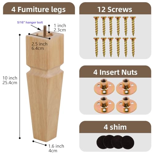 10" H*2.5" W Square Unfinished Oak Furniture Legs - Heavy Duty Mid Century Tall Wooden Legs Set of 4 for Tables, Bench, Ottomans - with Installation Hardware (Natural) - color: Plain Wood Color, size: 10"H*2.5"W