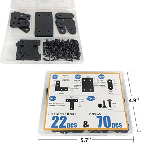 QSJ 22 Pack Straight Brace Stainless Steel Black Flat Brace Straight Corner Braces Straight Brackets Metal Flat Straight Mending Plates with Screws - size: 22Pcs Bracket Set (Flat T/L/Square/Strip)