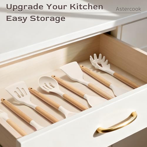 Astercook Kitchen Utensils set, 39 PCS Silicone Cooking Utensils Set with Wooden Handle, 446°F Heat Resistant Food Grade Utensil Sets, BPA Free Kitchen Gadgets Tools Set for Nonstick Cookware (Cream) - color: Cream
