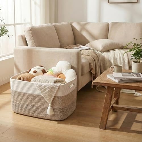 JMvicyroam 65L Large Woven Cotton Rope Blanket Basket, White&Brown - color: White&Brown, size: 65L