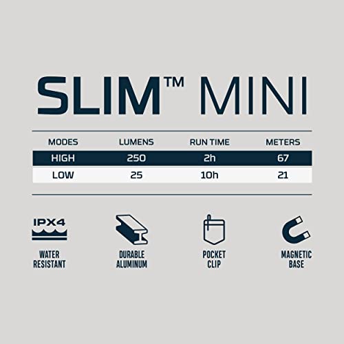 NEBO SLIM Mini Rechargeable Pocket Light | 250 Lumens, 2 Light Modes, Small Flashlight for EDC & Emergencies, Magnetic Base, Lightweight, Water Resistant & Durable, Includes Charging Cable - style: 250 Lumens - Gray