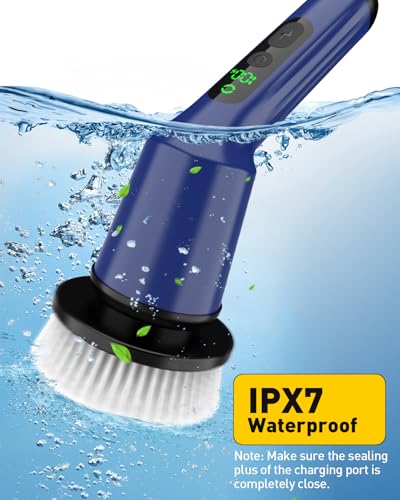 Electric Spin Scrubber for Bathroom, Shower Scrubber with Long Handle - color: Navy, size: 8 Brush Heads
