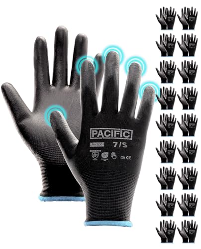 PACIFIC PPE PU Coated Grip Work Gloves, Touchscreen, Seamless Knit, Small - color: Black (18 Pairs), size: Small(Fits like XS)