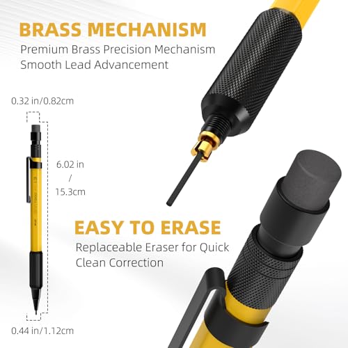 WUO 1.3mm Mechanical Pencil Set, 3 Pack Metal Mechanical Carpenter Pencils - color: Yellow