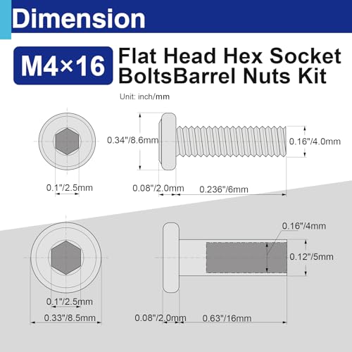 30 Sets M4 x 16mm Barrel Nuts and Bolts, Hex Socket Binding Screws - size: 30 Sets M4 x 16 mm