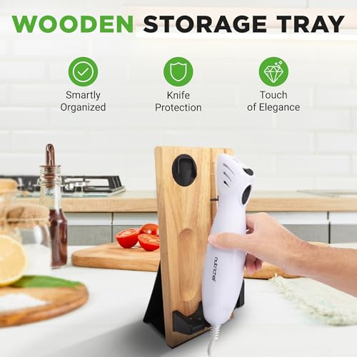 NutriChef Electric Carving Turkey Slicer Kitchen Knife | For Thanksgiving | Portable Electrical Food Cutter Knife Set with Carve Blades & Wood Stand | Cuts Meat, Bread, Cheese & Fruit | White