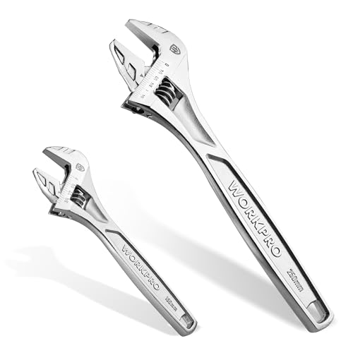 WORKPRO 2-Piece Wide Jaw Adjustable Wrench Set, 6" & 10", Cr-V Steel - color: Silver, size: 6 & 10 inch