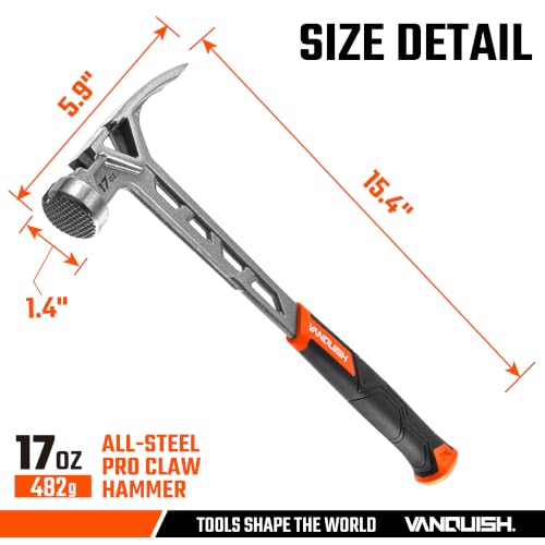 VANQUISH Framing Hammer 17oz One Piece Forged Straight Claw Hammer with Milled Face & Shock Reduction Grip, Claw Hammer with Magnetic Nail Holder Side Nail Puller, 0628-M - size: 17oz Milled Face