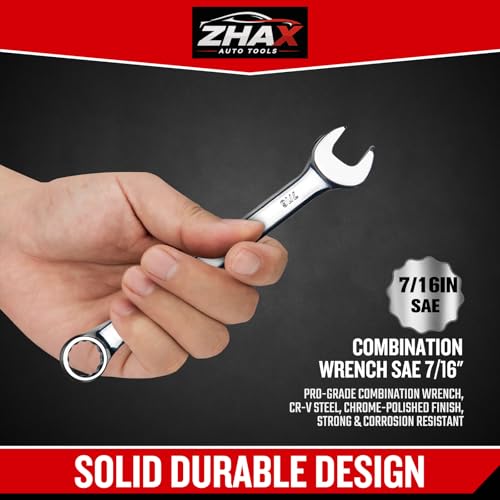 zhax 7/16" SAE Combination Wrench, 12 Point Box End, 15 Degree Offset Design, Mirror Polish Finish, Forged CR-V Steel, Hand Tools for Mechanics, Ideal for Auto and Home Repair - size: 7/16"