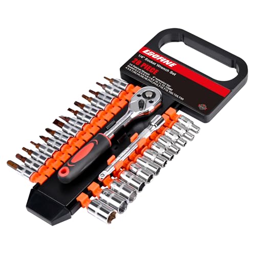 Egofine 28pcs 1/4 Inch Ratchet Socket Wrench Set, Drive Socket Set with 12 Sockets and 14 Bit Socket Set, with Extension Bars - color: 28pc Standard Socket Set, size: 1/4