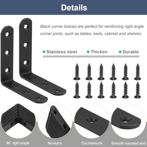 10 Pcs Black L Bracket 4 Inch Stainless Steel Corner Braces, 100x100mm Heavy Duty Shelf Bracket for Wood, Shelves, 90 Degree Support Joint Right Angle Brackets - size: 10PCS-Black 100*100mm/4*4in