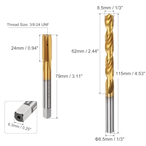 uxcell Tap & Drill Bit Set, 3/8-24 UNF Straight Flute Thread Tap and 1/3" (8.5mm) Twist Drill Bit, Titanium Coated M2 High Speed Steel Thread Repair Tapping Tools - size: 3/8-24 UNF + 1/3" (8.5mm)