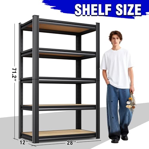 71"H Heavy Duty Garage Shelving - 1900 LBS Capacity 5-Tier Metal Storage Shelves, 71"H x 28"W x 12"D Adjustable Steel Utility Rack, Compact Storage Shelf for Pantry, Closet, Basement, Shed - Black - size: MDF/28"Wx12"Dx71"H