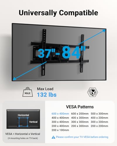 Pipishell Full Motion TV Wall Mount for Most 37-84 Inch TVs up to 132lbs, Wall Mount TV Bracket Articulating Swivel Tilt Extension Leveling Max VESA 600x400mm Fits 12/16" Wood Stud, PILFK1 - size: 37-84 inch TVs, style: TV Mount without LED