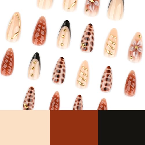 Mivota Brown Soft Gel Press On Nails 24PCS – Mixed Texture Almond Fake Nails with 3D Flower Design, Gold Edge & Snake Pattern, Glossy Reusable Glue On Nails for Women, Trendy Fall Nail Tips - color: 3D-62-Black French Gold Lines