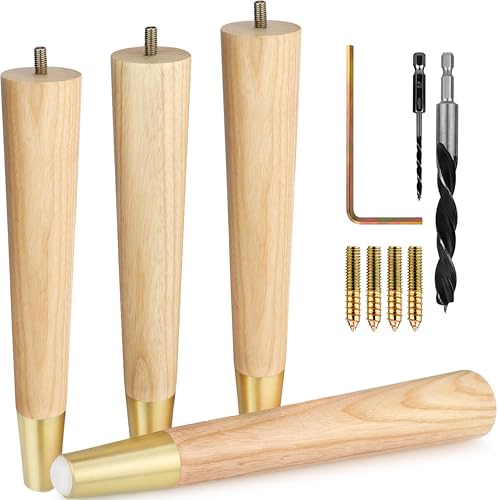 Airy Abode Premium Ash Wood Furniture Legs with Gold Caps (Full Install Kit) - Pick Your Size and Color - color: Ash / Gold, size: 12 Inches