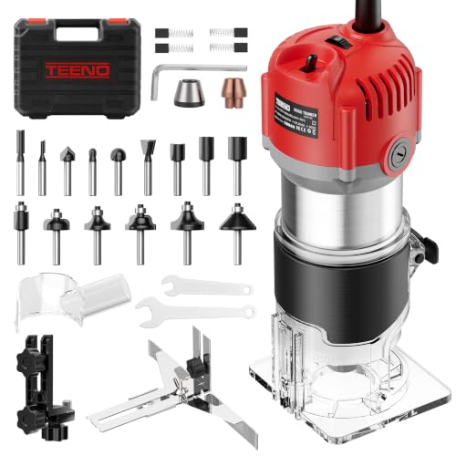 TEENO Wood Router Tool, 6.5 Amp 1.25 HP Wood Routers for Woodworking, 6 Variable Speeds, Aluminum 1/4" Compact Router With 15-Pc Tungsten Carbide Router Bits, Edge & Roller Guides, Carrying Case - color: Silver Red