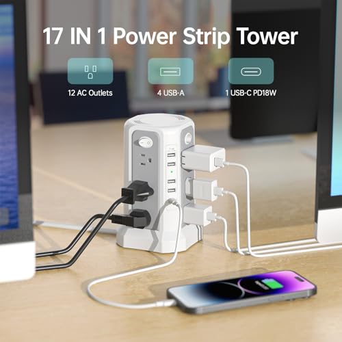 PASSUS Surge Protector Power Strip Tower 10FT (4A1C) with PD18W USB C Port - style: Gray White-4A1C