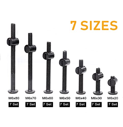 M6 Crib Screws Hardware Kit, Black Flat Furniture Connector Bolt with Barrel Nuts for Bed Frames,20mm - 80mm(5 Sizes), Pack of 100