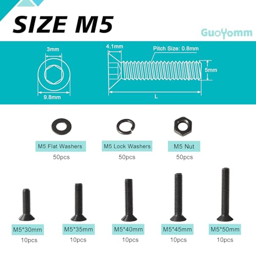 200 PCS M5 x 30mm 35mm 40mm 45mm 50mm, Flat Head Hex Socket Cap Screws Countersunk Bolts Washers Nuts Assortment Kit, 10.9 Grade Alloy Steel, Black Oxide Finish, Metric Allen Drive - size: M5x30/35/40/45/50 mm