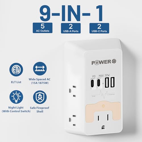 20W PD Fast Charging Wall Outlet with USB Ports (2C2A), Electrical Outlet Extender with Night Light, Surge Protector, Wall Plug Adapter for Multiple Devices - size: PDL-2C2A