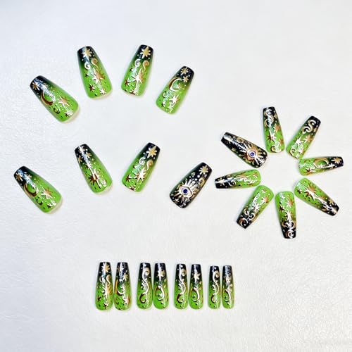 3D Green Press on Nails Almond - Medium French Tip Fake Nails with Embossed Stars&Moon Designs, Glossy Finish Reusable False Nails for Women Manicure(3D Embossed design 20） - color: 3D Embossed design 20