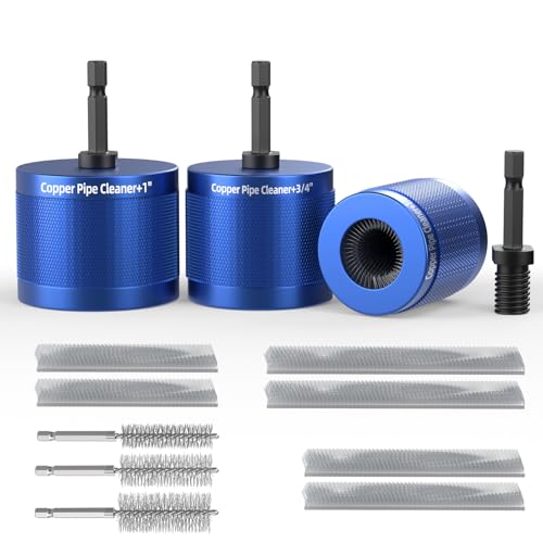 1/2",3/4" & 1" Copper Pipe Cleaner for Drill w/ID Brushes & Brush Blades | Complete Kit:1/2",3/4",1in copper pipe cleaners + 3 ID wire bore brushes(/2",3/4",1in) + 6 stainless blades(3 pre-installed)