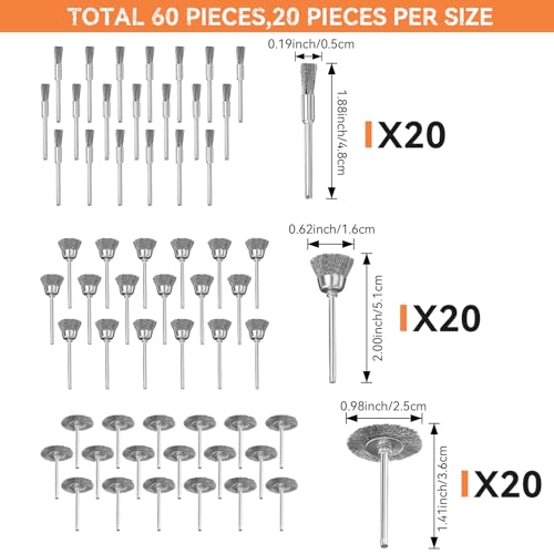 60Pcs Wire Brushes Set, 3 Shape Steel Wire Wheels