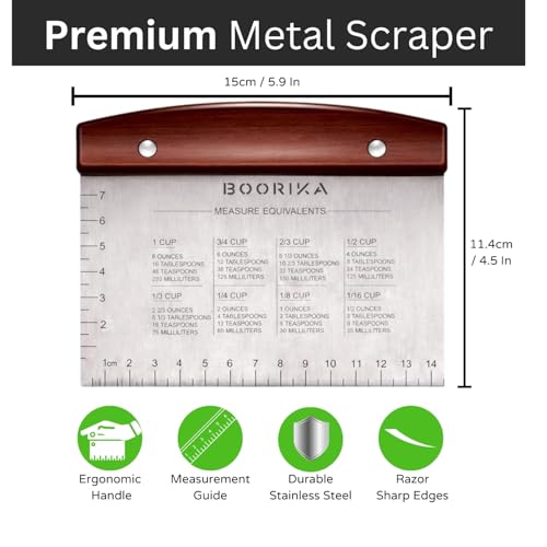 Boorika Dough Scraper & Bench Scraper Kitchen – Stainless Steel Sourdough Tools – Dough Cutter for Sourdough Bread, Pizza, and Flat Top Griddles – Chef Approved (Dark) - color: Dark