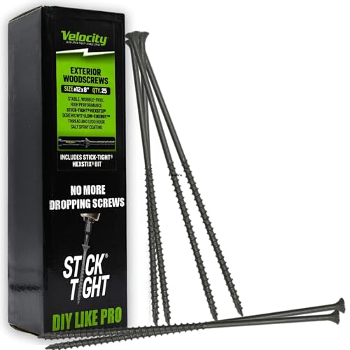 Velocity Long Length Exterior 8 Inch Wood Screws - T30 Torx Bits (Size #12) – Rust Resistant Long Wood Screw Set with Stick Tight Hexstix Driver Bit (25 Count) - size: #12 X 8" QTY 25