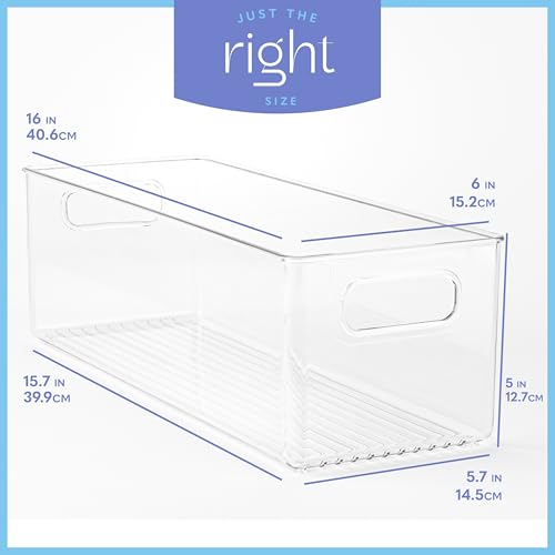 Plastic Food Storage 6 Pack Clear Container Bin with Handles for Organizing Kitchen, Pantry, Refrigerator, Freezer, Pantry, Cabinet, Closet, Bathroom. 16”x6”x5” - size: 16x6x5