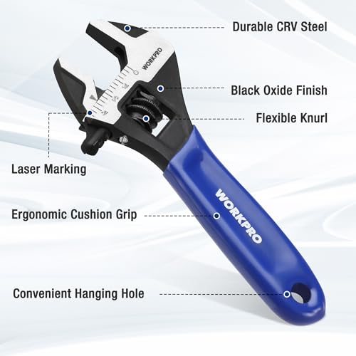 WORKPRO 4-Inch Mini Adjustable Wrench, Wide Jaw Cr-V steel Wrench - color: Blue, size: 4-Inch