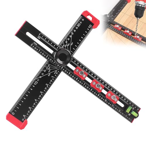 4-in-1 Aluminum Drilling Positioning Ruler, 16" Multifunctional T Square Ruler, Multi-Angle Adjustable Marking Gauge Tool, Cabinet Hardware Jig, Drilling Template for Door Holes