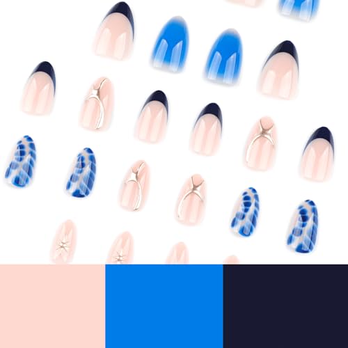 Blue Press On Nails Almond Shape 24pcs, Gradient Ombre False Nail with Star Design, 3D Pattern Medium Length Fake Nails, Glossy Stick On Nail Reusable Acrylic Glue On Nails Kit for Women - color: 34-Dark blue silver lines
