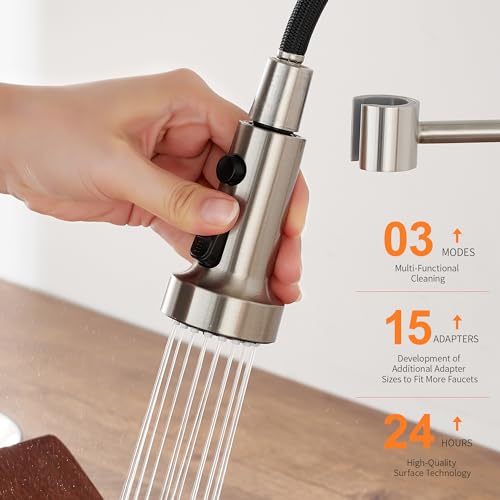 TIORIY with 15 Adapters Pull Down Kitchen Sink Faucet Head Replacement, 3 Functions Plastic Kitchen Sink Sprayer Nozzle Replacement for Kitchen Faucet, Pause Mode (Brushed Nickel) - color: Brushed Nickel, style: Pause