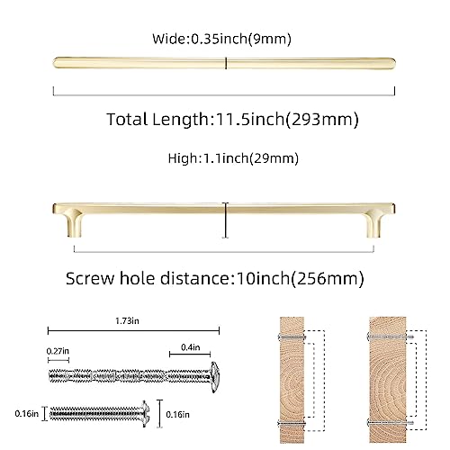 COTYKILEY 10 Pack 10 Inch(256mm) Brushed Brass Cabinet Handles Gold Kitchen Cabinet Pulls Kitchen Cabinet Hardware - color: Brushed Brass, size: 10" Hole Center（256MM）